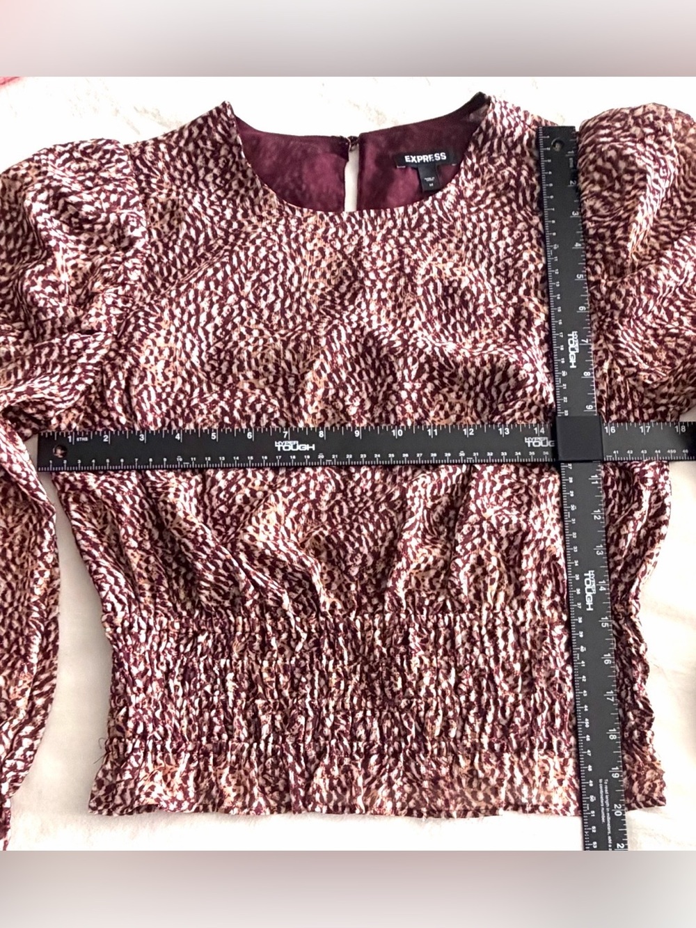 EXPRESS Maroon/Gold with Glitter Printed Long Sleeve Smocked Waist Top Blouse - Picture 10 of 11